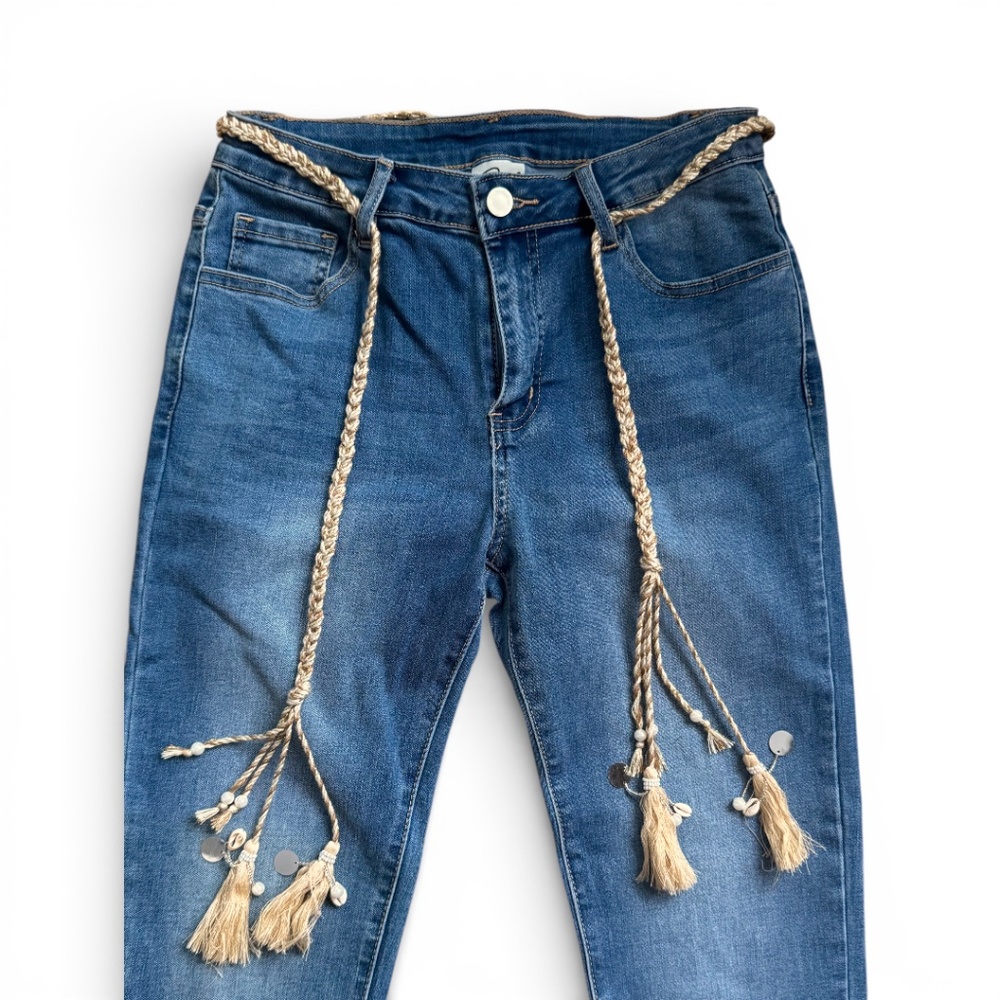 ONADO PARIS Blue embellished skinny jeans lace hem boho tassel detail size M /38 - Picture 2 of 10